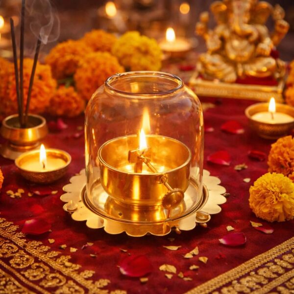 Sukoon by Crazy Sutra Brass Akhand Diya for Puja & Temple | Traditional Oil Lamp for Diwali, Navratri & Daily Worship | Pure Brass Jyot Diya for Home Mandir & Gifting Large