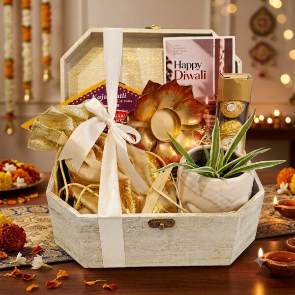 Golden Festivity – Premium Diwali Gift Hamper | Kaju Katli, Chocolates & Decorative Plant