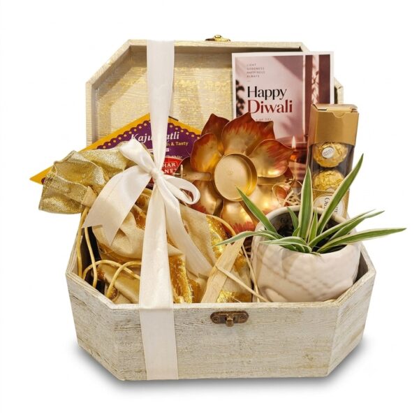 Golden Festivity – Premium Diwali Gift Hamper | Kaju Katli, Chocolates & Decorative Plant