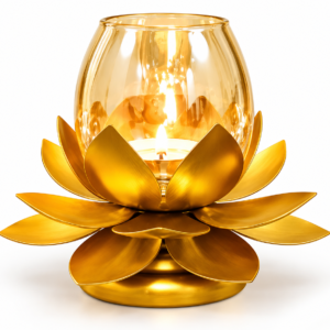 Golden Lotus Tealight Holder with Glass Candle Cup | Decorative Lotus Flower Candle Holder for Diya, Tealight & Home Décor | Tabletop Centerpiece for Festive Occasions