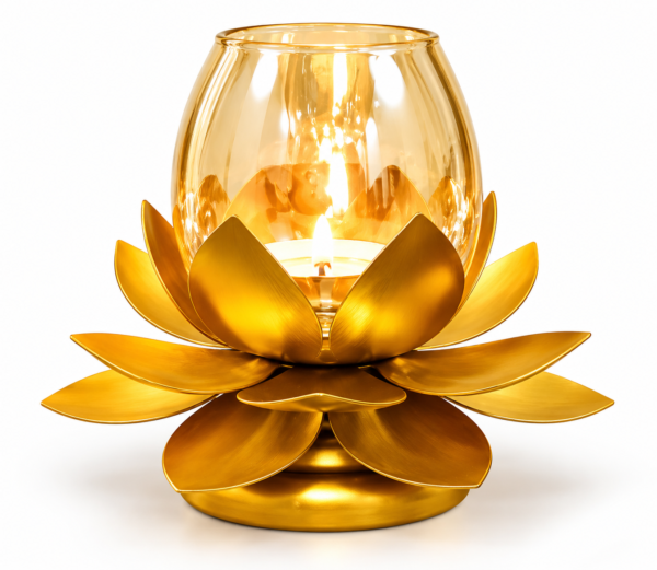 Golden Lotus Tealight Holder with Glass Candle Cup | Decorative Lotus Flower Candle Holder for Diya, Tealight & Home Décor | Tabletop Centerpiece for Festive Occasions