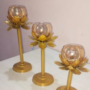 Golden Lotus Candle Holder Set of 3 with Glass Tealight Cups | Decorative Lotus Flower Candle Stands for Diya & Tealight | Tabletop Home Décor & Festive Centerpiece